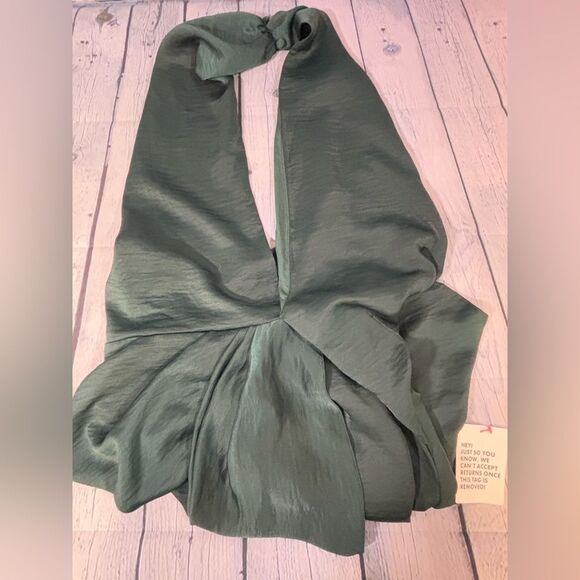 NWT ASOS Forest Green Satin Twill Halter Drape Neck Holiday Festive Mini Dress 2 - Picture 3 of 10